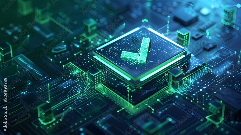 Modern technology concept with a green checkmark on a microchip, representing system validation and digital verification in a high-tech environment.