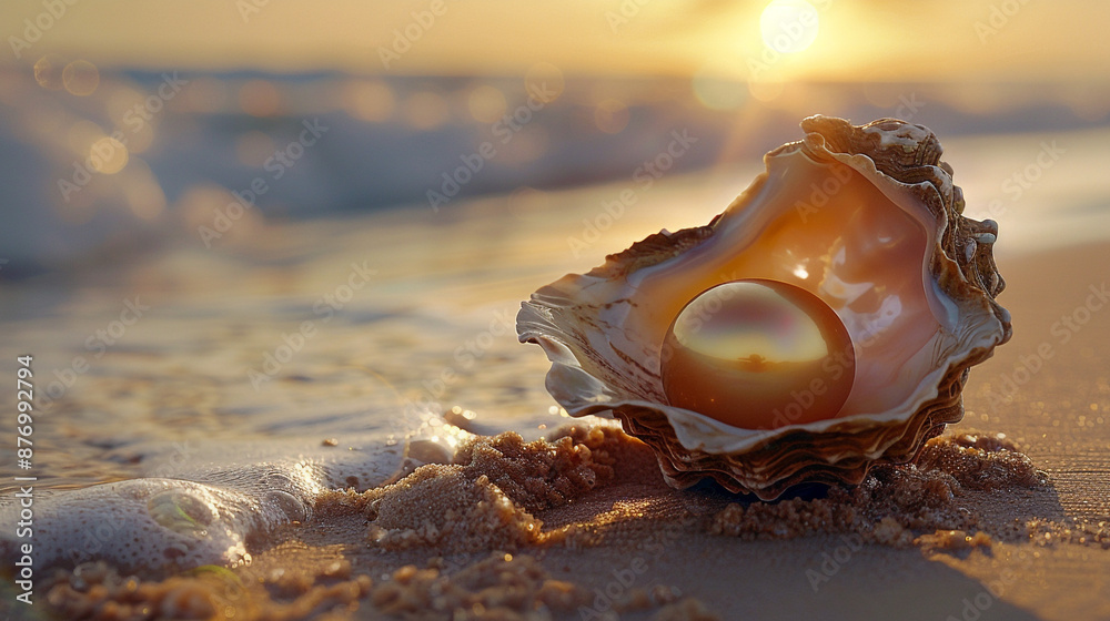 An exquisite gold-lipped pearl inside a rugged oyster shell, lying on a sandy shore with ocean waves in the distance. An exquisite gold-lipped pearl inside a rugged oyster shell, lying on a sandy shore with ocean waves in the distance.