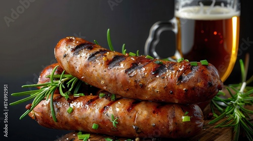 A delectable display of grilled sausages accentuated with fresh rosemary and chives, creating an appealing and appetizing dish with a glass of beer in the background. photo