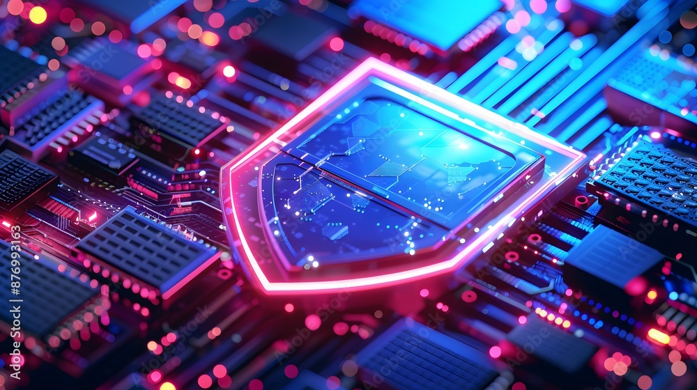 Vibrant futuristic circuit board with a glowing shield symbol, representing cybersecurity and advanced technology. Vibrant futuristic circuit board with a glowing shield symbol, representing cybersecurity and advanced technology.