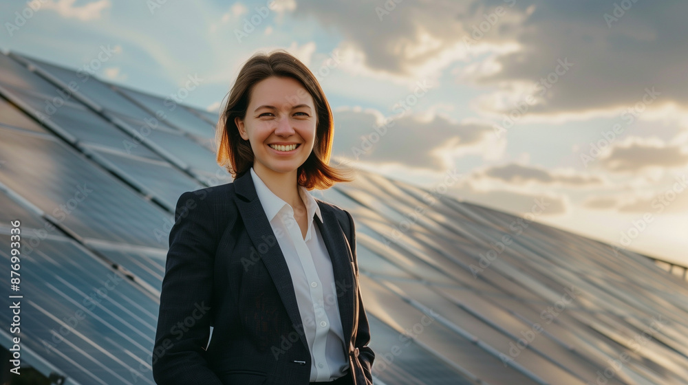 businesswoman smiling and standing with solar cells, solar cells business concept businesswoman smiling and standing with solar cells, solar cells business concept