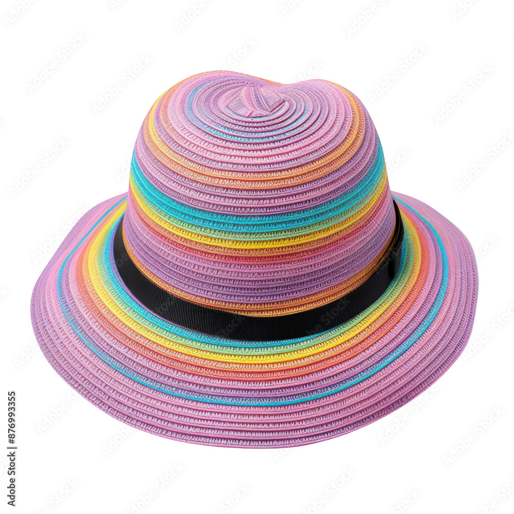 Colorful rainbow striped sun hat with black band, isolated on white background. Perfect for summer, beach, and stylish outdoor activities. Colorful rainbow striped sun hat with black band, isolated on white background. Perfect for summer, beach, and stylish outdoor activities.