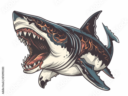 A shark with its mouth wide open, ready to bite. The shark is surrounded by fire, giving it a menacing and dangerous appearance