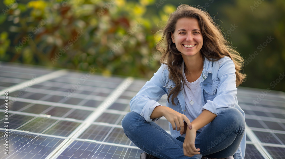 woman smiling and sitting on solar cells woman smiling and sitting on solar cells
