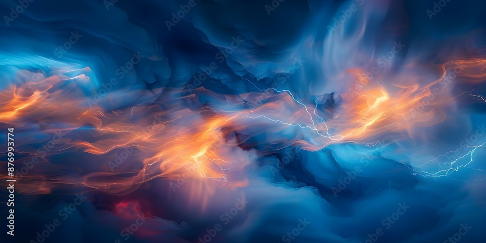 Fototapeta premium Abstract Storm Art Lightning Bolts in Dark Blues and Fiery Oranges. Concept Abstract Art, Stormy Sky, Lightning Bolts, Dark Blues, Fiery Oranges
