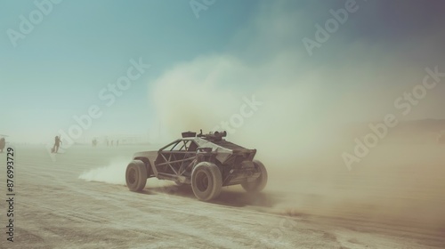 A cyber punk car drives throughthe dusty desert at burning man music festival in desert	
 photo