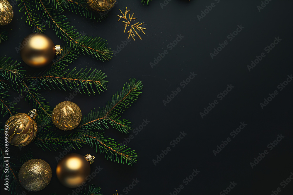 Elegant Festive Dark Christmas Background with Copy Space and Gold Ornaments, Glittering Decorations, Fir Branches, Pine Cones, and Dark Holiday Theme for Seasonal Greeting Cards Elegant Festive Dark Christmas Background with Copy Space and Gold Ornaments, Glittering Decorations, Fir Branches, Pine Cones, and Dark Holiday Theme for Seasonal Greeting Cards