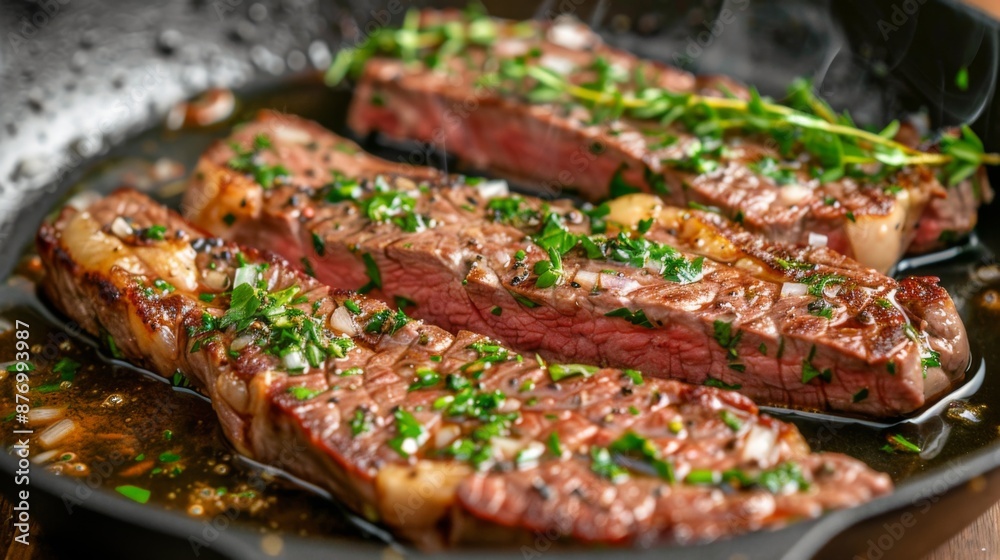 A skillet with a sizzling strip steak cooking in butter with garlic and herbs, ready to serve. A skillet with a sizzling strip steak cooking in butter with garlic and herbs, ready to serve.