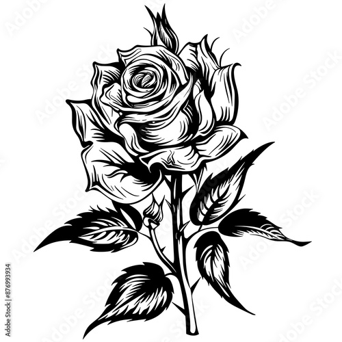 A black and white drawing of a rose. The rose is the main focus of the image and is surrounded by a few leaves. The drawing has a simple and elegant style
