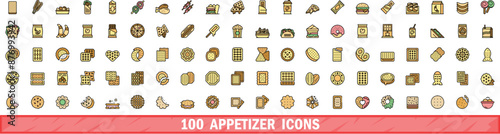 100 appetizer icons set. Color line set of appetizer vector icons thin line color flat on white