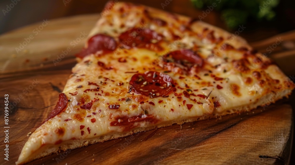 A slice of New York-style pizza with gooey cheese, pepperoni, and a crispy thin crust on a wooden board. A slice of New York-style pizza with gooey cheese, pepperoni, and a crispy thin crust on a wooden board.