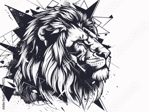 A lion with a mane and a fierce look on its face. The lion is the main focus of the image, and it is the central subject. The lion's mane and fierce expression give the image a sense of strength