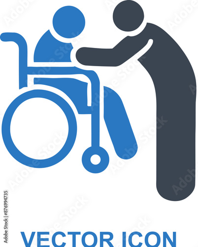Elderly in chair assisted caregiver icon