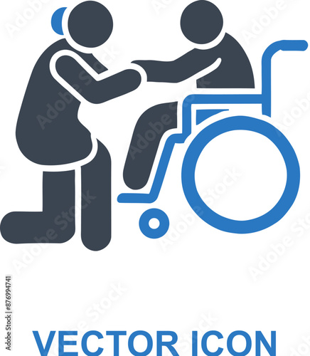 Caregiver helping elderly in wheelchair icon