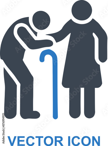 Elderly assisted walking with cane icon