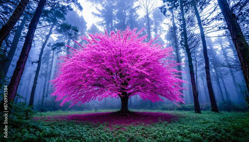 Arbre majestueux en fleurs dans une forêt mystérieuse photo