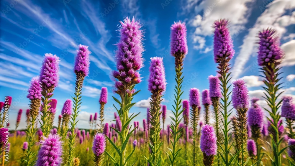 Obraz premium Purple flowers of Liatris punctata wildflowers blooming in late summer against a soft blue sky with gentle white clouds backdrop.