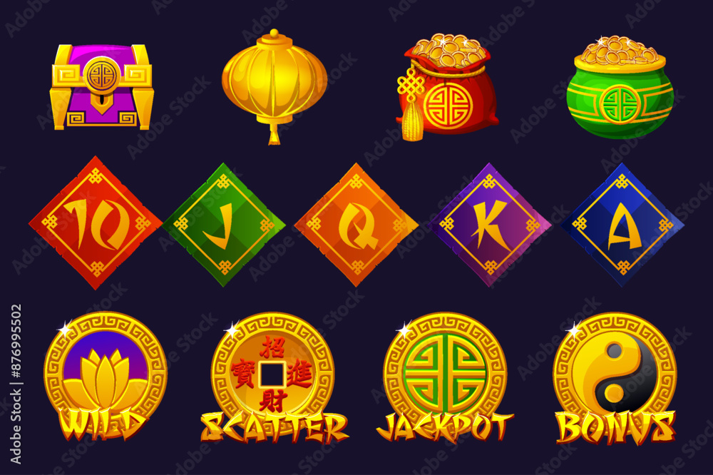 Chinese Themed set symbols. Here are the jackpot, bonus, wild and