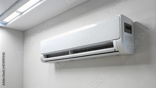 Modern sleek air conditioning unit with high-tech digital display mounted on a clean white wall in a minimalist interior.