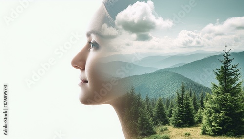 Double exposure of nature landscape mountain forest and woman face. © Marko