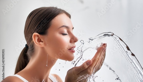 Beautiful African Woman washing her Face with Clean Water - Hygiene and Selfcare during the Day - Drinking Clean Mineral Water - Female Splashing Water in her Face in Bathroom - Removing Make-up photo