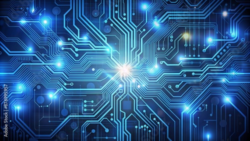Modern electronic technology background featuring a complex circuit board with intricate pathways and components on a light dark blue tone.