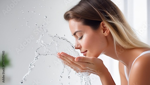 Beautiful African Woman washing her Face with Clean Water - Hygiene and Selfcare during the Day - Drinking Clean Mineral Water - Female Splashing Water in her Face in Bathroom - Removing Make-up photo