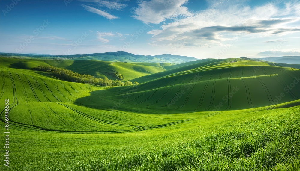 Obraz premium Fresh green fields in spring with a blue sky