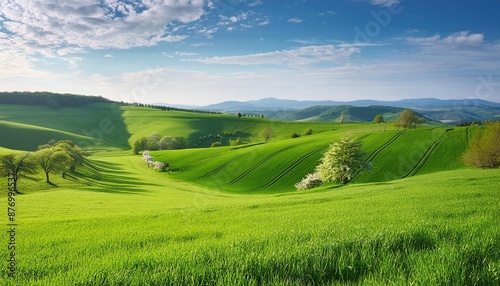  Fresh green fields in spring with a blue sky