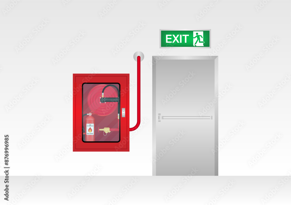 Fire Extinguisher Cabinet on Wall in the Building. Vector Illustration.
