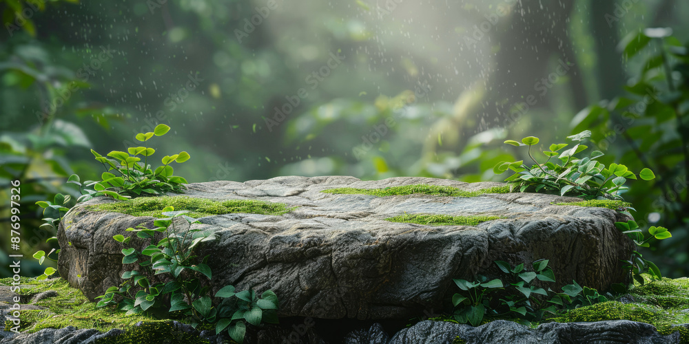 A stone podium for product presentation against the background of a forest. Flat stone podium in a magical forest A stone podium for product presentation against the background of a forest. Flat stone podium in a magical forest