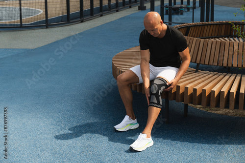 Man putting knee brace to support painful leg. Athlete bodybuilder leg wearing knee support brace or elastic kneecap bandage. Sleeve for compression. Health problems and pain.