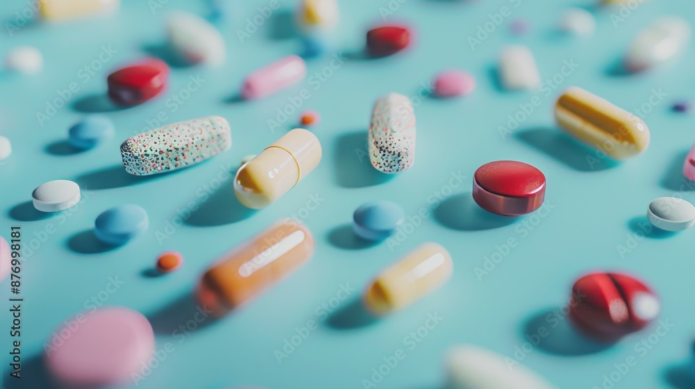 Assorted pills on blue background. Various shapes and colors of pills scattered on a blue surface. Assorted pills on blue background. Various shapes and colors of pills scattered on a blue surface.