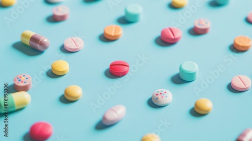 Colorful pills on blue background. Variety of colorful pills and capsules on a blue surface.