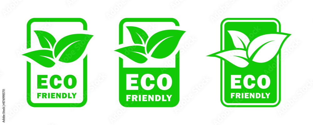 Set of green eco-friendly icons with leaves and text, promoting environmental sustainability and green products. Set of green eco-friendly icons with leaves and text, promoting environmental sustainability and green products.