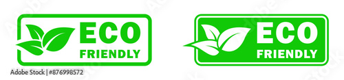 Two green eco-friendly icons with leaves and text, representing environmental sustainability and green products.