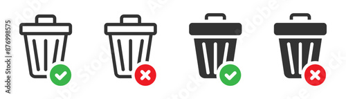 Trash bin icon with check and cross symbols, representing proper waste disposal and recycling.