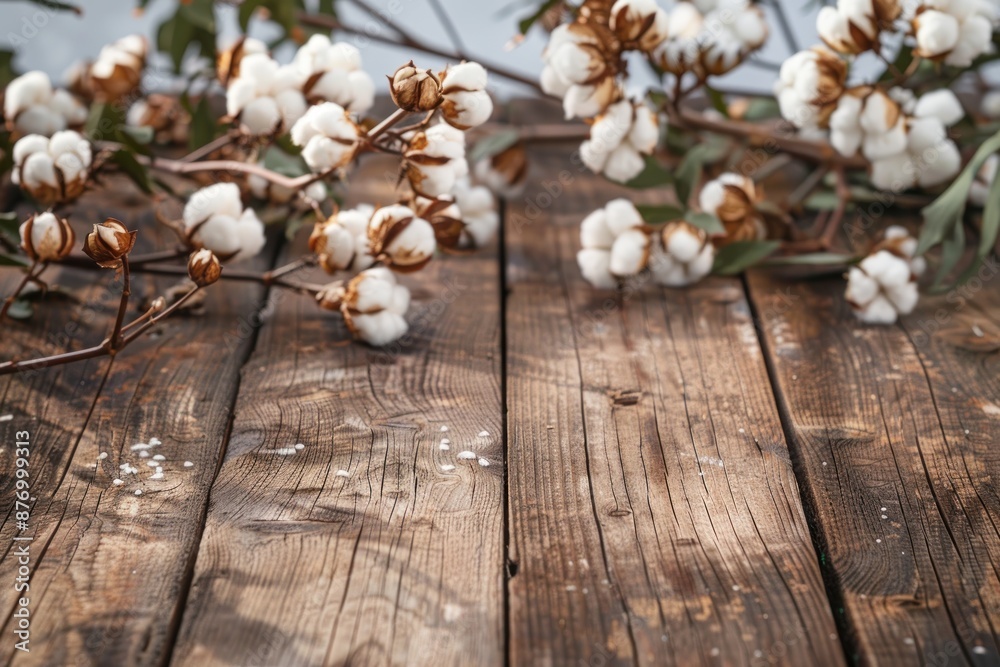 old wooden boards table copy space with cotton plants and white flowers in background. Product display template old wooden boards table copy space with cotton plants and white flowers in background. Product display template