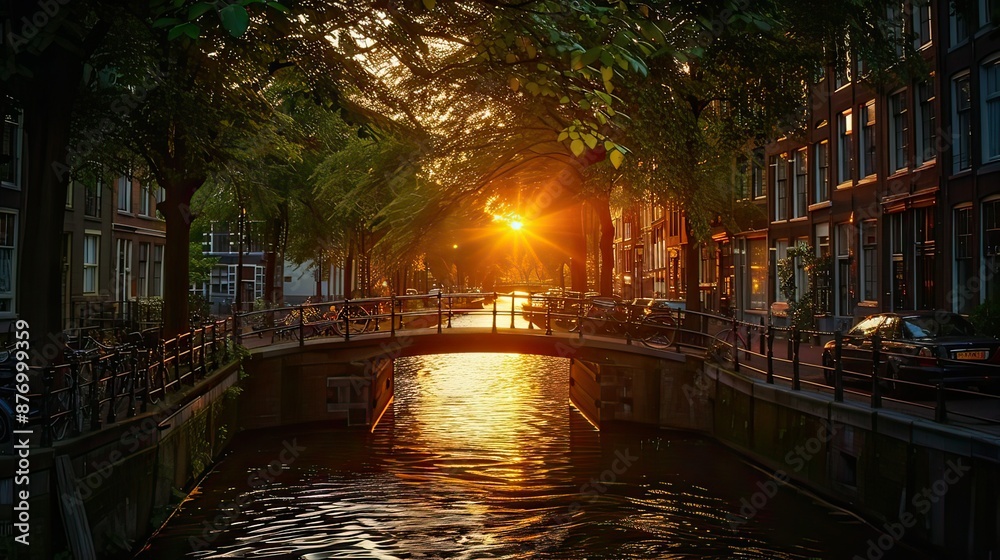 Fototapeta premium Bridge over an Amsterdam Canal in sunset. 