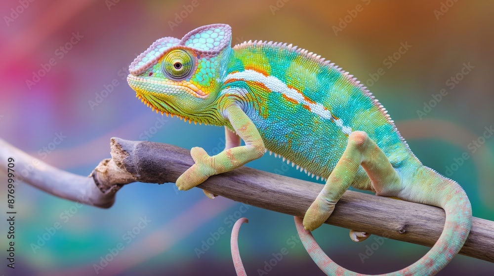 Fototapeta premium A green and white chameleon is perched on a branch. The chameleon is looking at the camera