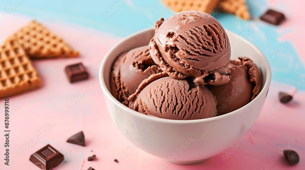 Chocolate ice cream in a white bowl with chocolate filled wafer cookies isolated on pink and blue background Chocolate ice cream in a white bowl with chocolate filled wafer cookies isolated on pink and blue background