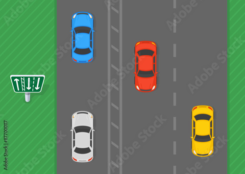 Safe driving tips and traffic regulation rules. Top view of a traffic flow on a british motorway. Single lane traffic with two lanes in the opposite direction. Flat vector illustration template.