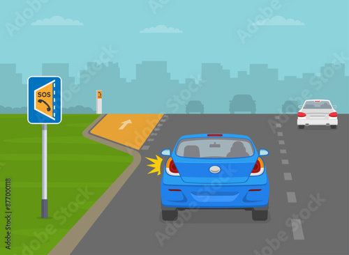 Safe driving tips and traffic regulation rules. Back view of a blue car moving to the emergency lay-by placce. Flat vector illustration template.