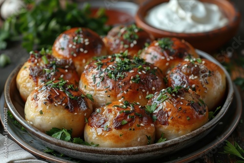 A dish of Russian pirozhki, small buns filled with meat or cabbage, arranged on a platter with a side of sour cream. 