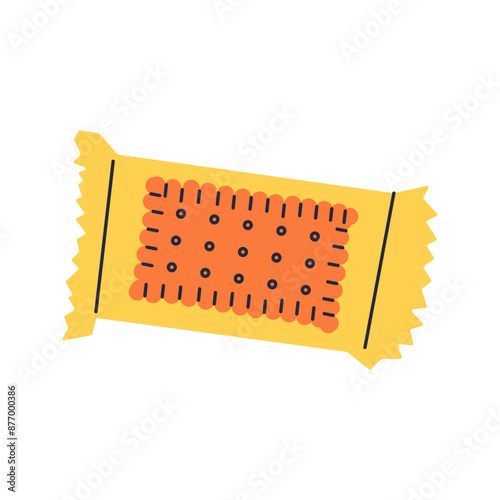 Cute illustration of box of crackers or snack ,biscuits flat illustration isolate on white background. Cracker packed in yellow package, paper wrapping.