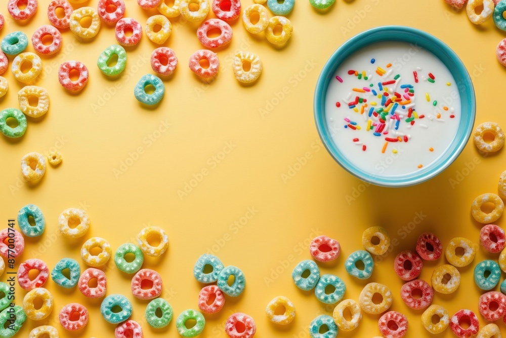 Food concept. Breakfast cereal loops with milk. Commercial style, vivid colors. Background with copy space Food concept. Breakfast cereal loops with milk. Commercial style, vivid colors. Background with copy space