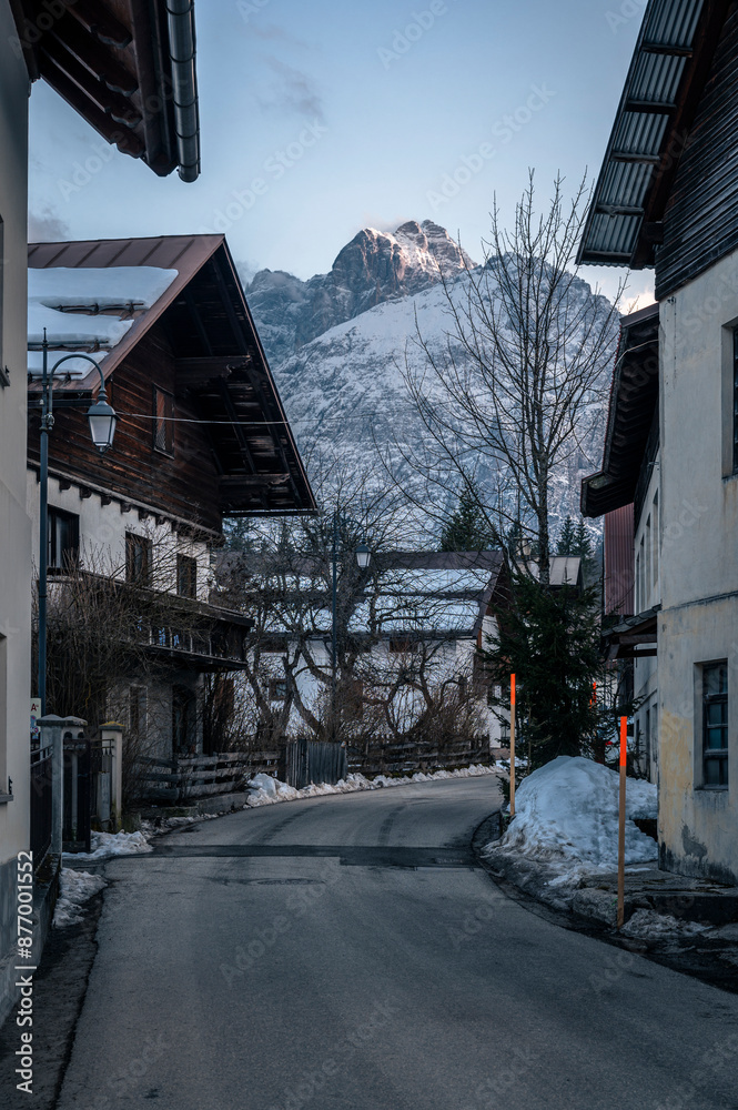 Fototapeta premium Valbruna and Val Saisera at the end of winter. Between the snow and the first flowers of the new season