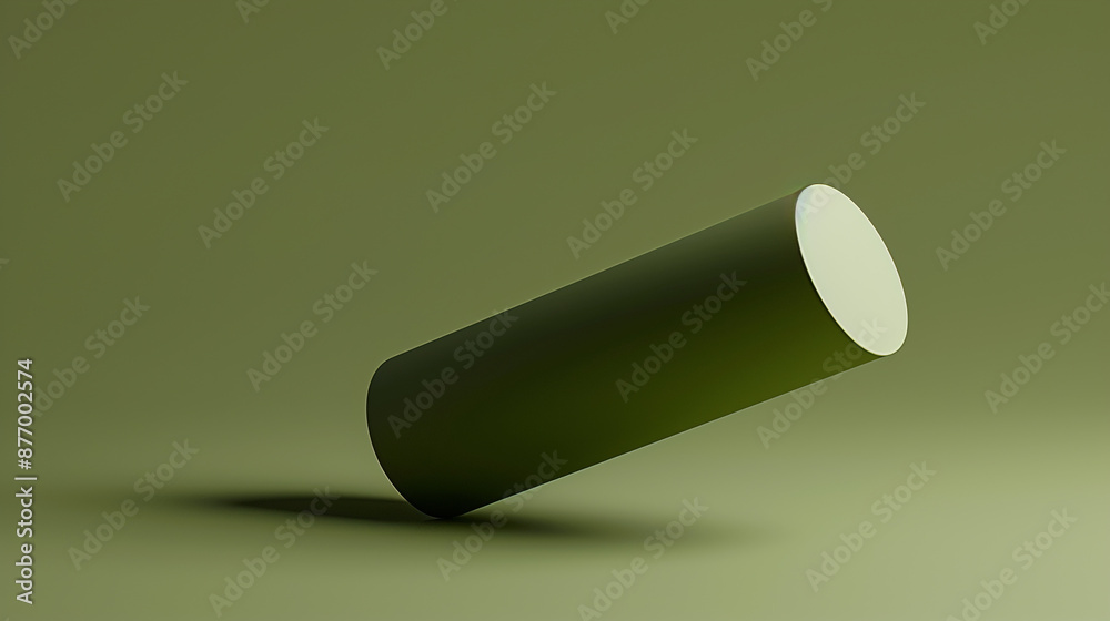 Clean 3D render of a tilted cylinder on a solid olive green background Clean 3D render of a tilted cylinder on a solid olive green background