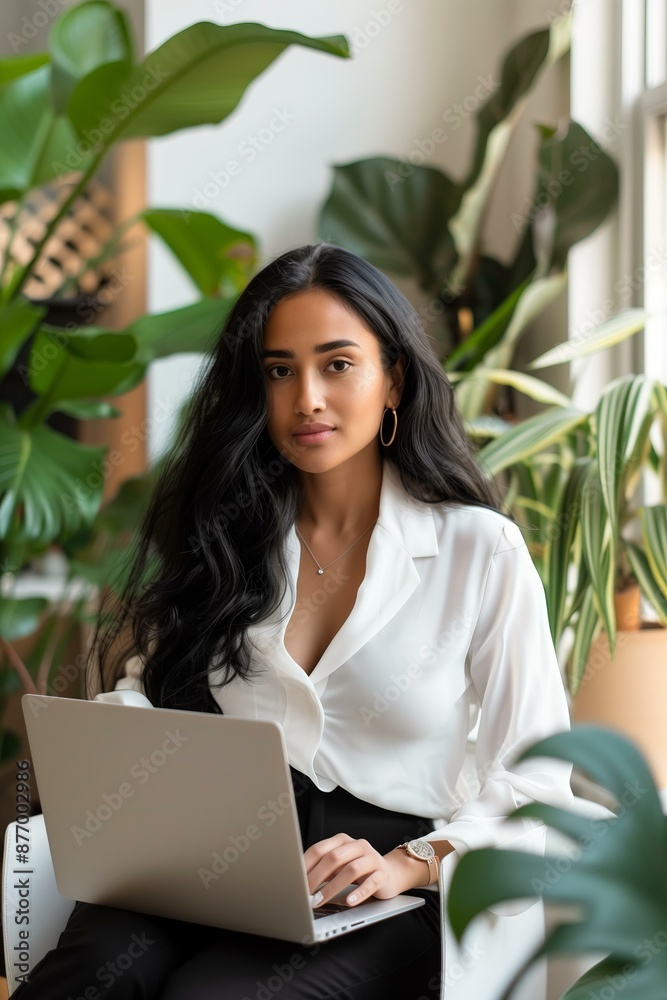 young woman with long, sleek black hair, working on a laptop in a modern office with abundant greenery young woman with long, sleek black hair, working on a laptop in a modern office with abundant greenery