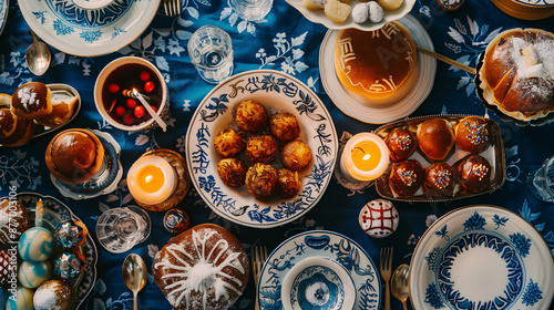 a festive Hanukkah table, featuring latkes, sufganiyot (jelly donuts), and a menorah with lit candles, set on a blue and white tablecloth with dreidels photo